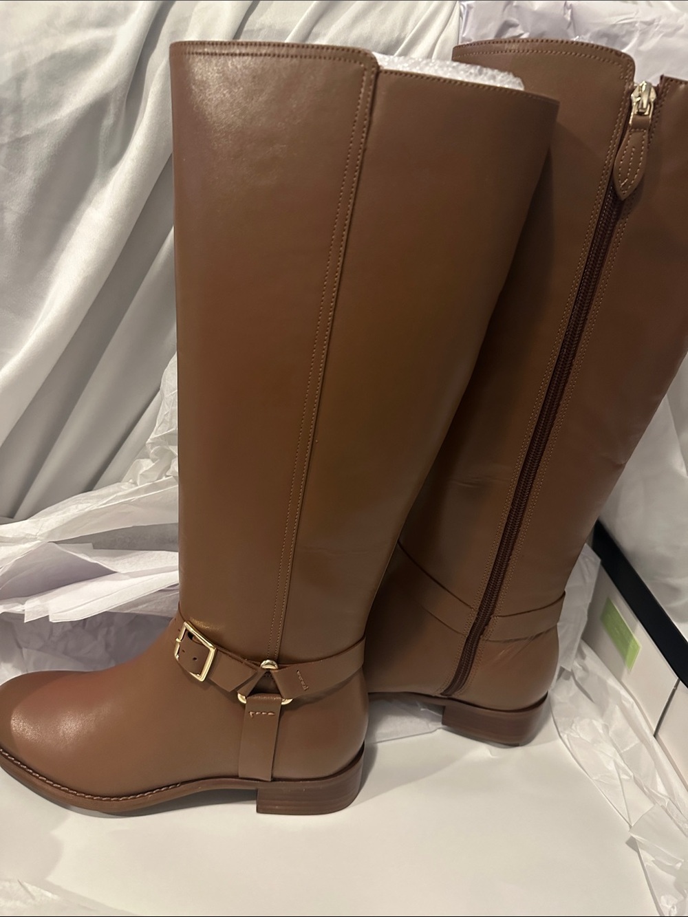 Talbots Tall Leather Riding Boots in Cognac Brown with Gold Hardware
